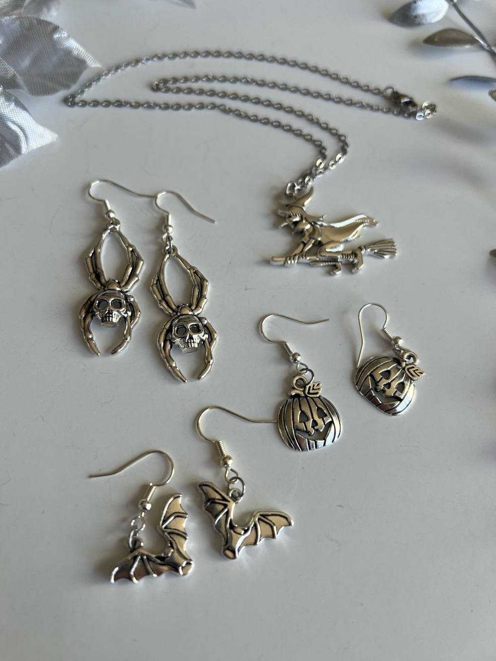 Silver Halloween Charm Jewelry Set - Witch, Skulls, Pumpkins & Bats